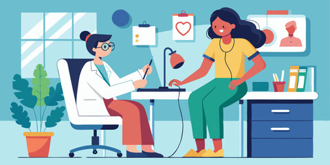 Doctor visit. Check up. Woman doctor and patient. Vector illustration
