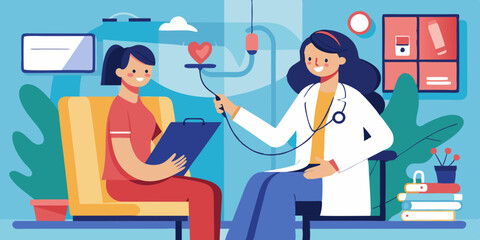 Doctor visit. Check up. Woman doctor and patient. Vector illustration
