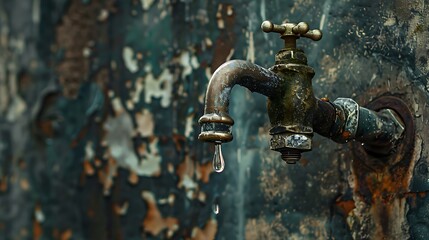 Ancient faucet with a single drop of water