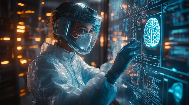 Futuristic scientist working with digital interface - generative ai