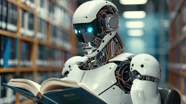 A humanoid robot reading a book and completing math data analytics in the context of artificial intelligence in mathematics in the future