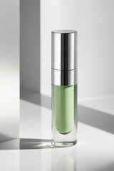 Bottle of green nail polish in studio setting, still life and product photography 