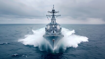 A large navy ship is sailing through the ocean