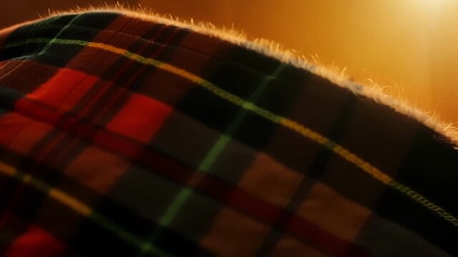 Cozy lumberjack shirt in red, green, and black, neatly folded on a bed, bathed in warm light. Soft fabric with a stylish checkered pattern for a casual and comfy look, perfect for home comfort