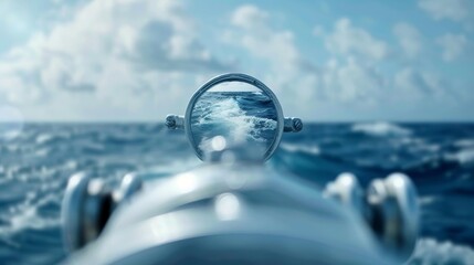 A satellite dish is on a boat in the ocean