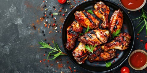 Top view of grilled chicken wings on a plate