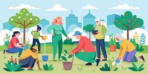 People are planting tree seedlings in the city park. Volunteers or city dwellers, men and women

