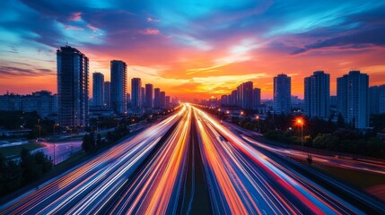 Obraz premium Cityscape at dusk with light trails - generative ai