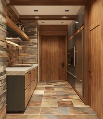 Modern Kitchen Design with Stone Wall and Wooden Cabinets