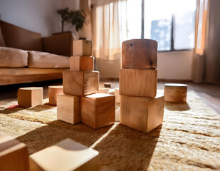 Child’s playroom with warm wooden building blocks