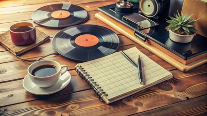 Vintage vinyl records and a retro planner lie scattered on a wooden desk, blending music and organization in a nostalgic and creative workspace scene.