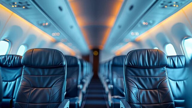 Empty commercial airplane cabin interior with blue armchairs