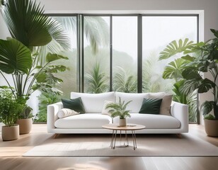 Modern living room mockup with tropical plants, a white sofa and a big window