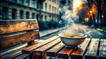 Warm and comforting bowl of steaming soup sits on a worn wooden sidewalk bench, offering a fleeting sense of comfort in a harsh urban environment.