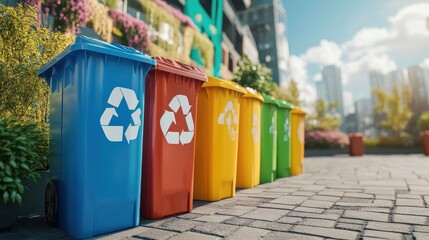 Naklejka premium Multicolored bins line the pathway, promoting recycling and environmental awareness in a vibrant city setting