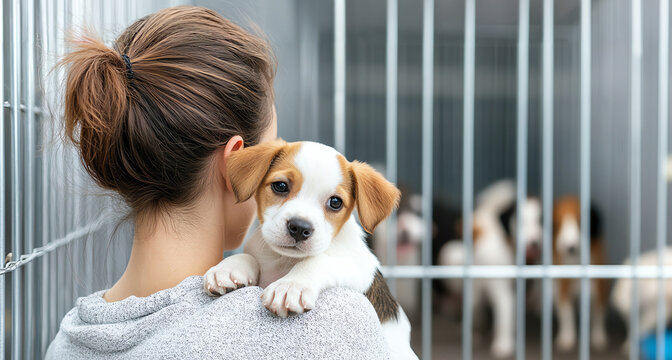 Woman holding up puppy in animal shelter, surrounded by dogs behind the fence, showcasing dog adoption