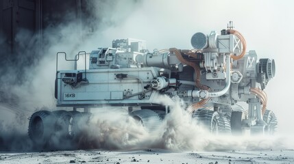 Futuristic Off-Road Vehicle in a Dusty Landscape