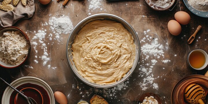Bundt cake pan with cake batter prepared for baking in a flat lay arrangement