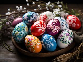 High angle of colored easter eggs in basket with copy space and twigs