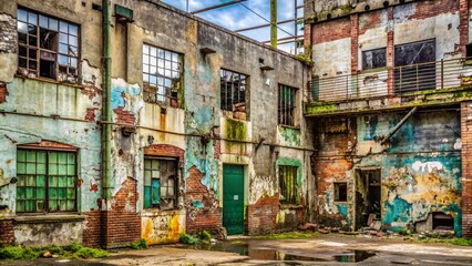 Fototapeta premium Weathered industrial backdrop featuring cracked stucco walls with peeling paint, mold growth, and faded graffiti, exuding a sense of urban decay and neglect.