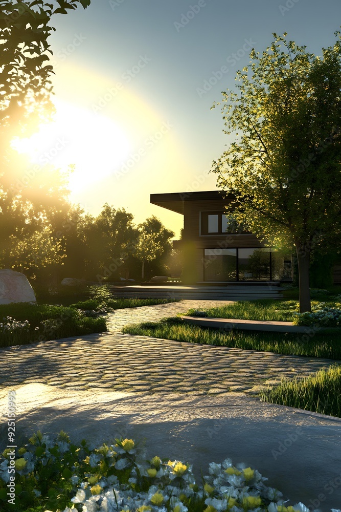 Wall mural modern house with stone path and garden surrounded by lush greenery at sunset