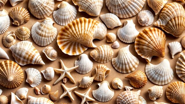 Seashells of various types on the seashore, scallop, shellfish, mollusk, collection, conch, closeup