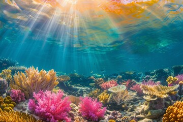 Bright coral reef underwater scene. Vivid colors with sunlight and marine life. Conceptual and vibrant view. Suitable for nature and ocean themes. Generative AI