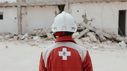 Emergency Medical Technician Responding to Earthquake Disaster on Isolated Natural Background