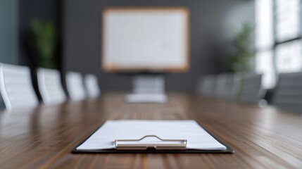 A clipboard with a blank sheet of paper sits on a conference table in a modern office.  The table is empty except for the clipboard, and the chairs are blurred in the background.
