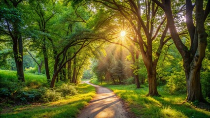 Naklejka premium Winding dirt path surrounded by lush green forest, dappled sunlight filtering through trees, leading to a serene and peaceful outdoor escape.