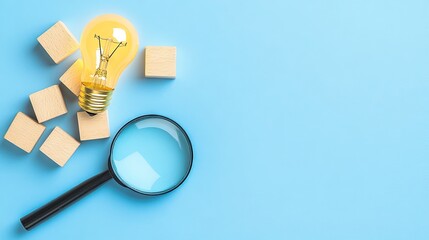 Light bulb and magnifying glass on wooden blocks symbolize creativity and innovation against a light blue background