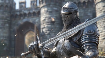 man with medieval armorial shield holding a sword in a castle