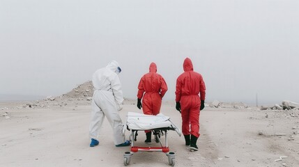 Emergency Medical Team with Stretcher in Earthquake Disaster Area - Hope and Rescue in Isolated Nature Setting