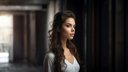 Fototapeta premium Captivating portrait of a young American woman radiating natural beauty. Soft brunette hair complements her flawless complexion and captivating gaze. Perfect for beauty and fashion campaigns