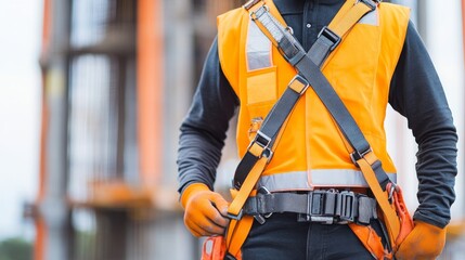 A construction worker in a safety harness and vest stands confidently on-site, emphasizing worker safety and professionalism.
