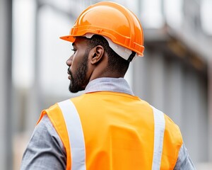 Fototapeta premium A construction worker in an orange hard hat and safety vest observes a site, showcasing dedication and safety in the workplace.