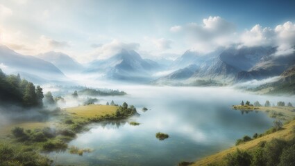 Lake with mountains in the background, some fog and clouds, and a few rocks along the shore.