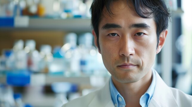 A scientist in a lab coat stands in a laboratory, surrounded by scientific equipment, showcasing a look of concentration and expertise.