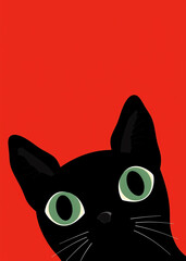 Funny black kitten with big eyes on bright red background. Clean simplistic illustration.