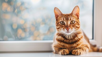 A curious orange tabby cat sits on a windowsill, gazing out with a thoughtful expression.