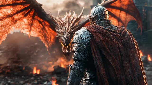 Knight confronts dragon amidst fiery ruins in a fantasy battle