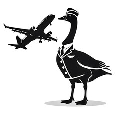 Fototapeta premium The silhouette images of a goose flight attendant with a uniform and airplane. 