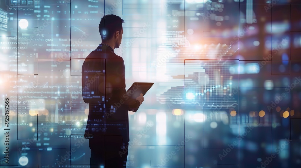 Poster an image of a male holding a tablet on a background of displays