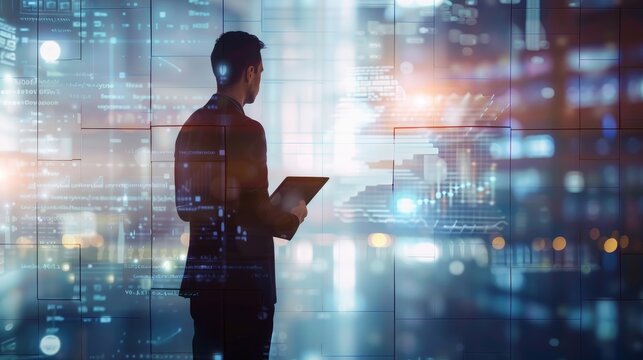 An image of a male holding a tablet on a background of displays