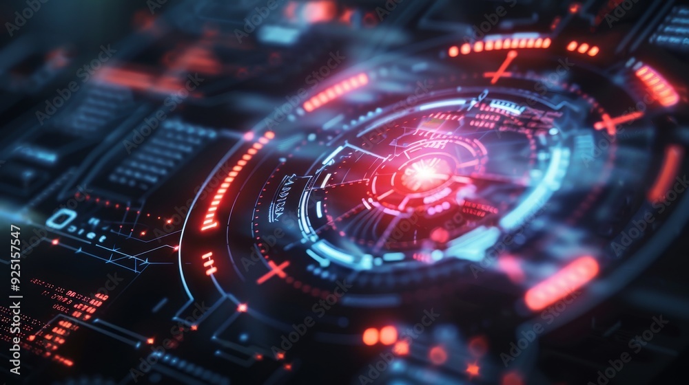 Leinwandbilder The target pointer element and the futuristic user interface HUD GUI digital text number element are part of a cyber technology concept with a shallow depth of field dark and grainy.