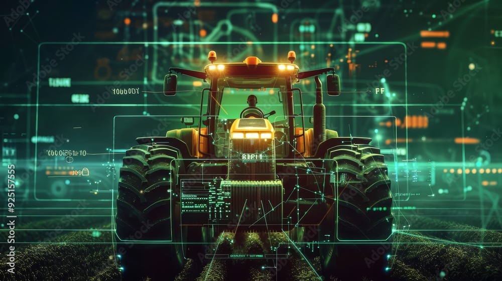 Poster an aerial view of a picturesque farm scene with a futuristic handheld hud interface showing a dark g