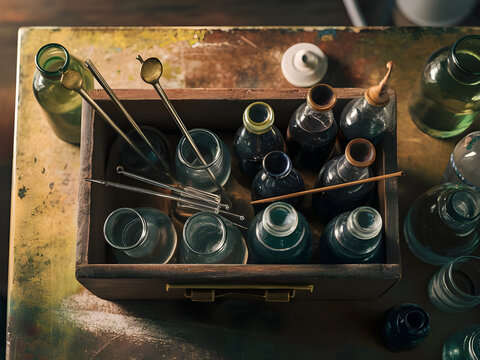 Vintage chemistry set with glass bottles and tools