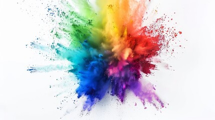 An explosive burst of rainbow-colored paint powder isolated on a white background. Slow motion.