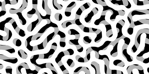 Abstract Turing organic wallpaper with background. Turing reaction diffusion monochrome seamless pattern with chaotic motion. Natural seamless line pattern. Linear design with biological shapes.