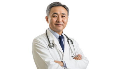 Portrait of a senior Asian male doctor on transparent background.